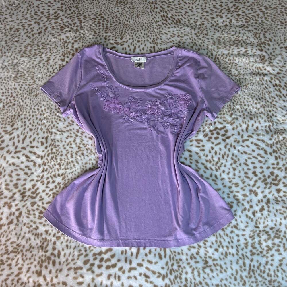 Kate Hill Embroidered Floral T-Shirt Size PL Purple Cotton